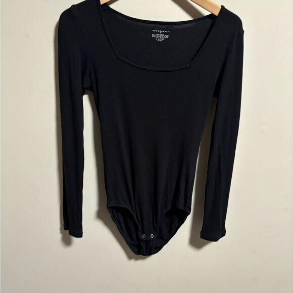 Summersalt Square Neck Ribbed Black Long Sleeve Tencel Bodysuit- Size Medium - Picture 3 of 8